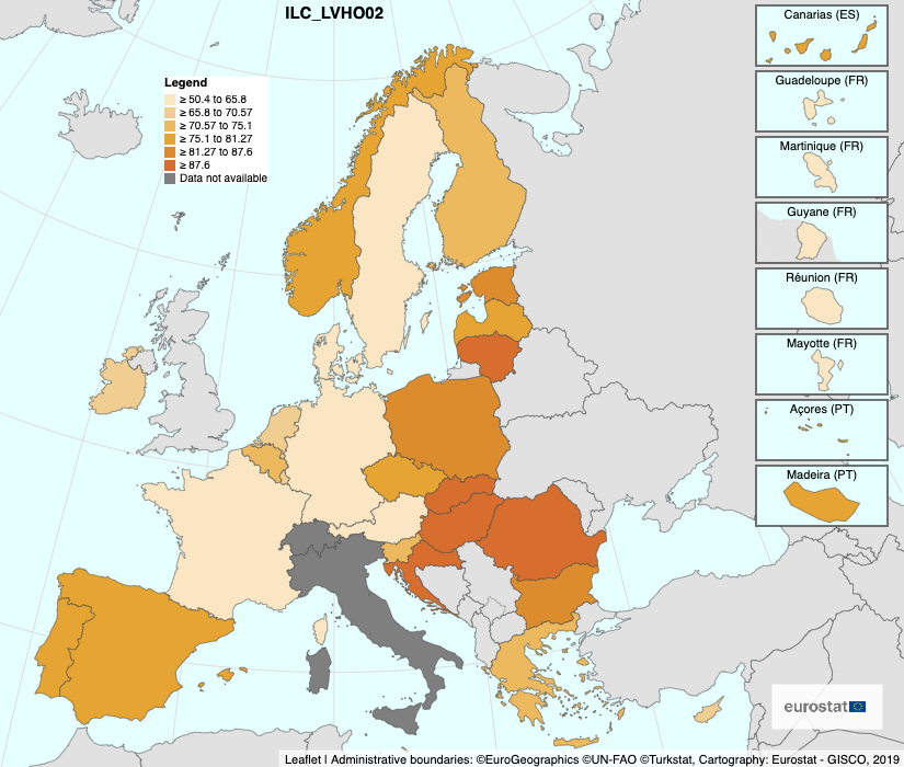 Vlastnické bydlení v jednotlivých státech Evropy (v procentech).
